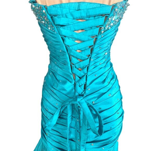 Mori Lee Strapless Ball Gown 3/4 Blue Sweetheart Neckline Sparkly Mermaid Corset - Picture 6 of 15